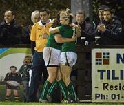 31 January 2014; Alison Miller, Ireland is congratulated by team mate Ailis Egan, left, after scoring the teams fourth try. Women's Six Nations Rugby Championship, Ireland v Scotland, Ashbourne RFC, Ashbourne, Co. Meath. Picture credit: Ramsey Cardy / SPORTSFILE