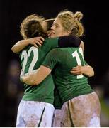 31 January 2014; Grace Davitt, left,  Alison Miller, right,  and Lynne Cantwell, Ireland, celebrate at the final whistle. Women's Six Nations Rugby Championship, Ireland v Scotland, Ashbourne RFC, Ashbourne, Co. Meath. Picture credit: Ramsey Cardy / SPORTSFILE