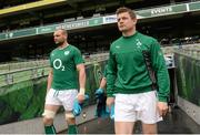 1 February 2014; Ireland's Brian O'Driscoll, right, and Dan Tuohy make their way onto the pitch before the start of the Ireland Rugby Squad Captain's Run ahead of Sunday's RBS Six Nations Rugby Championship match against Scotland. Aviva Stadium, Landowne Road, Dublin. Picture credit: Matt Browne / SPORTSFILE