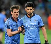 1 February 2014; Dublin players Eric Lowndes, left, and Cian O'Sullivan celebrate after the game. Allianz Football League Division 1 Round 1, Dublin v Kerry, Croke Park, Dublin. Picture credit: Dáire Brennan / SPORTSFILE