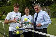 30 May 2005; Owen Casey, Jenny O'Brien and Des Redmond, Marketing Manager, Spar Ireland, pictured at the announcement that SPAR is to sponsor this year's Irish National Tennis Championships at Donnybrook Lawn Tennis Club. This picture is taken at  Donnybrook Lawn Tennis Club, Dublin. Picture credit; Ray McManus / SPORTSFILE