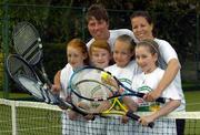 30 May 2005; Coaches Owen Casey and Jenny O'Brien with 'stars of the future' l to r; Lucy McEvoy, Megan Barton, Sally-Ann Appelby and Julia O'Connell pictured at the announcement that SPAR is to sponsor this year's Irish National Tennis Championships at Donnybrook Lawn Tennis Club. This picture is taken at Donnybrook Lawn Tennis Club, Dublin. Picture credit; Ray McManus / SPORTSFILE