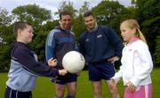 1 June 2005; &quot;GPA and Energise Sport support first ever residential Gaelic Football Summer Camp.&quot; At the announcement are Dessie Farrell, Chief Executive of the GPA, and Enda McNulty, Armagh Footballer, with young footballers Lauren McConville, from Armagh, and Frankie Farrell, from Dublin. Castleknock College, Castleknock, Dublin. Picture credit; Damien Eagers / SPORTSFILE