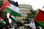 4 June 2005; Protesters from the Palestine Solidarity Coalition outside the Israeli embassy, Ballsbridge, Dublin, before the FIFA 2006 World Cup Qualifier. Republic of Ireland v Israel, Lansdowne Road, Dublin. Picture credit; David Maher / SPORTSFILE