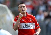 5 June 2005; Paddy Bradley, Derry, celebrates after a late point for his side. Bank of Ireland Ulster Senior Football Championship, Monaghan v Derry, St. Tighernach's Park, Clones, Co. Monaghan. Picture credit; Damien Eagers / SPORTSFILE