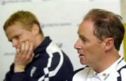 7 June 2005; Republic of Ireland manager Brian Kerr speaking at a press conference while Damien Duff looks on after squad training.Torsvollur Stadium, Torshavn, Faroe Islands. Picture credit; Damien Eagers / SPORTSFILE