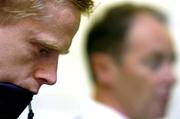 7 June 2005; Damien Duff listens to Republic of Ireland manager Brian Kerr during a press conference after squad training.Torsvollur Stadium, Torshavn, Faroe Islands. Picture credit; David Maher / SPORTSFILE