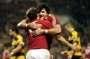 8 June 2005; Geordan Murphy, British and Irish Lions, celebrates with team-mate Shane Horgan, right, after scoring a try. British and Irish Lions Tour to New Zealand 2005, Taranaki v British and Irish Lions, Yarrow Stadium, New Plymouth, New Zealand. Picture credit; Richard Lane / SPORTSFILE