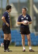 8 June 2005; New Ireland captain David Humphreys, right, in conversation with reserve out-half Jeremy Staunton during training. Ireland rugby squad training, Kintetsu Hanazono rugby ground, Osaka, Japan. Picture credit; Brendan Moran / SPORTSFILE