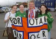 8 June 2005; Republic of Ireland supporters Yvonne Dillon and Sandra Martin, from Castleknock, Louise Mimnagh, from London, with Faroe Islands supporter Martin Schurmann in advance of the FIFA 2006 World Cup Qualifier game against the Faroe Islands. Torshavn, Faroe Islands. Picture credit; Damien Eagers / SPORTSFILE