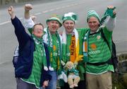 8 June 2005; Republic of Ireland supporters, from left to right, are Aine Hensey, from Wexford, brothers Jimmy and Brian Dunne, both from Ballymun, and Brian Hensey, from Coolderry, Co. Offaly, in advance of the FIFA 2006 World Cup Qualifier game against the Faroe Islands. Torshavn, Faroe Islands. Picture credit; Damien Eagers / SPORTSFILE