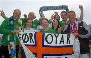 8 June 2005; Republic of Ireland supporters, including from left to right, Bernard Fanthom, Yvonne Martin, Kevin O'Brien, Pat Redmond, Sarah Martin, Louise Mimnagh, and Brian Hughes, with Faroe Islands supporter Martin Schurmann in advance of the FIFA 2006 World Cup Qualifier game against the Faroe Islands. Torshavn, Faroe Islands. Picture credit; Damien Eagers / SPORTSFILE