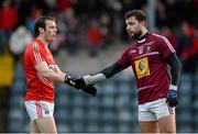 2 February 2014; James Loughrey, Cork, and Paul Sharry, Westmeath, exchange a handshake after the game. Allianz Football League, Division 1, Round 1, Cork v Westmeath, Páirc Ui Rinn, Cork. Picture credit: Diarmuid Greene / SPORTSFILE