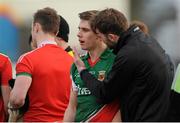 2 February 2014; Mayo's Lee Keegan, centre, is commiserated by team-mate Aidan O'Shea after the game. Allianz Football League, Division 1, Round 1, Kildare v Mayo, St Conleth's Park, Newbridge, Co. Kildare. Picture credit: Piaras Ó Mídheach / SPORTSFILE