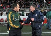 2 February 2014; Meath manager Mick O'Dowd, left, exchanges a handshake with Galway manager Alan Mulholland after the game. Allianz Football League, Division 2, Round 1, Meath v Galway, Páirc Táilteann, Navan, Co. Meath. Picture credit: Ray Ryan / SPORTSFILE