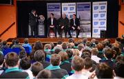 3 February 2014; The RBS 6 Nations and Triple Crown Trophies visited St. Joseph's National School, Terenure, as part of the Ulster Bank Trophy Tour, which is travelling across the country this week to celebrate their sponsorship of the championship. Pictured in Terenure were, from left, Adrian Logan, MC, Ulster Bank rugby ambassador, Alan Quinlan, former Ireland, Munster and Lions star, John Hayes, and Reggie Corrigan, former Ireland captain and Leinster player. Now in its fourth year as Official Community Partner to the IRFU, Ulster Bank continues to show their dedication to grassroots rugby through their sponsorship of the Ulster Bank League, the introduction of the Ulster Bank League Awards and the return of their successful club initiative, ‘Ulster Bank RugbyForce’ – which is now open for entries to rugby clubs, across the island of Ireland, via Ulster Bank’s dedicated rugby website www.ulsterbank.com/rugby. Ulster Bank RugbyForce provides rugby clubs with the opportunity to win support packages to renovate their club and upgrade their facilities. This year, one club will receive a top prize of €10,000, as well as a special training session with an IRFU coach and two Irish rugby stars. Four additional rugby clubs, one from each province, will each receive €5,000. Rugby clubs have until Friday, 11th April to enter the initiative. St. Joseph's Boys National School, Terenure, Dublin. Picture credit: Pat Murphy / SPORTSFILE