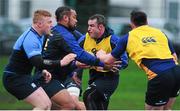 3 February 2014; Leinster's Aaron Dundon is tackled by Leo Auva'a during squad training ahead of their Celtic League 2013/14, Round 13, game against Zebre on Sunday. Leinster Rugby Squad Training, Rosemount, UCD, Belfield, Dublin. Picture credit: Ramsey Cardy / SPORTSFILE