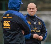 3 February 2014; Leinster's Richardt Strauss, right, speaking with scrum coach Greg Feek during squad training ahead of their Celtic League 2013/14, Round 13, game against Zebre on Sunday. Leinster Rugby Squad Training, Rosemount, UCD, Belfield, Dublin. Picture credit: Ramsey Cardy / SPORTSFILE