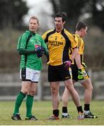 4 February 2014; Graham Geraghty, Institute of Technology Blanchardstown, left, in conversation with Michael Darragh Macauley, NUI Maynooth, after the game. Irish Daily Mail HE GAA Sigerson Cup 2014, Round 1, Institute of Technology Blanchardstown v NUI Maynooth, IT Blanchardstown GAA Pitch, Blanchardstown, Co. Dublin. Picture credit: Pat Murphy / SPORTSFILE