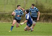 4 February 2014; Dónal McConville, Castleknock College, with support from team-mate Kyle Dixon, is tackled by Alfie Guy, St Andrew’s College. Beauchamps Leinster Schools Senior Cup, 1st Round, St Andrew’s College v Castleknock College. Cill Dara RFC, Kildare. Picture credit: Barry Cregg / SPORTSFILE