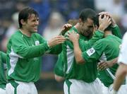 8 June 2005; The Republic of Ireland's Ian Harte, right, celebrates with team-mates Kevin Kilbane, left, and John O'Shea after scoring his sides first goal from the penalty spot. FIFA 2006 World Cup Qualifier, Faroe Islands v Republic of Ireland, Torsvollur Stadium, Torshavn, Faroe Islands. Picture credit; David Maher / SPORTSFILE