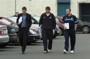 8 June 2005; Aodan de Paor, left, David Curtin and Carl Meehan, vice-captain, right, all members of the Dublin hurling squad who handed out copies of a letter they delivered to a meeting of the Dublin County Board at their offices in Parnell Park, Dublin. Picture credit; Ray McManus/ SPORTSFILE