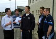 8 June 2005; Tomas McGraine, left, Tommy Moore, David Curtin, Aodan de Paor and Carl Meehan, vice-captain, right, all members of the Dublin hurling squad who handed out copies of a letter they delivered to a meeting of the Dublin County Board at their offices in Parnell Park, Dublin. Picture credit; Ray McManus/ SPORTSFILE