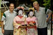 9 June 2005; Irish players Girvan Dempsey, left, and Leo Cullen, with two Geisha Girls on a visit to the grounds of Kiyomizu Temple in Kyoto, Japan. Picture credit; Brendan Moran / SPORTSFILE