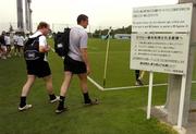 10 June 2005; Irish players Frankie Sheahan, left, and Alan Quinlan arrive for training. Ireland rugby squad training, Osaka University of Health and Sport Science, Asashirodai, Kumatoricho, Sennan-gun, Osaka, Japan. Picture credit; Brendan Moran / SPORTSFILE