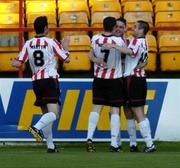 10 June 2005; Gary Beckett, second from right, Derry City, celebrates after scoring his sides first goal with team-mates left to right, Ciaran Martyn, Ruardhi Higgins and Brian Cash. FAI Carlsberg Cup 2nd Round, Shelbourne v Derry City, Tolka Park, Dublin. Picture credit; David Maher / SPORTSFILE