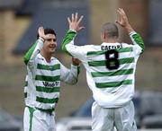 12 June 2005; Willo McDonagh, left, Shamrock Rovers, celebrates after scoring his sides first goal with team-mate Paul Caffrey. FAI Carlsberg Cup 2nd Round, Shamrock Rovers v Fanad United, Dalymount Park, Dublin. Picture credit; David Maher / SPORTSFILE