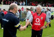 12 June 2005; Cork manager Billy Morgan is congratulated by John Kennedy, left, Clare manager. Bank of Ireland Munster Senior Football Championship Semi-Final, Clare v Cork, Cusack Park, Ennis, Co. Clare. Picture credit; Kieran Clancy / SPORTSFILE
