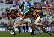 12 June 2005; Brian Barry, Kilkenny, supported by team-mate Richie Mullally, right, in action against Gary Hanniffy, Offaly. Guinness Leinster Senior Hurling Championship Semi-Final, Kilkenny v Offaly, Croke Park, Dublin. Picture credit; Pat Murphy / SPORTSFILE