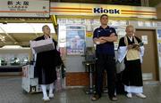 13 June 2005; Member of the Irish rugby squad Alan Quinlan waits on the platform at Shin Osaka Railway station before travelling to Tokyo by the Shinkansen (Bullet Train) for next Sunday's second test with Japan. Shin Osaka station, Osaka, Japan. Picture credit; Brendan Moran / SPORTSFILE