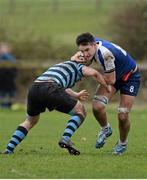 4 February 2014; Greg Jones, St Andrew’s College, is tackled by Niall O'Riordan, Castleknock College. Beauchamps Leinster Schools Senior Cup, 1st Round, St Andrew’s College v Castleknock College. Cill Dara RFC, Kildare. Picture credit: Barry Cregg / SPORTSFILE