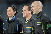 1 February 2014; Match officials, from left, Maggie Farrelly, David Coldrick and Liam Devenney before the game. Allianz Football League Division 1 Round 1, Dublin v Kerry, Croke Park, Dublin. Picture credit: Brendan Moran / SPORTSFILE