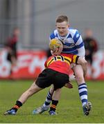 6 February 2014; James Moriarty, Blackrock College, is tackled by Karl Corcoran, CBC Monkstown. Beauchamps Leinster Schools Junior Cup, 1st Round, CBC Monkstown v Blackrock College, Donnybrook Stadium, Donnybrook, Dublin. Picture credit: Ramsey Cardy / SPORTSFILE