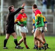 18 January 1998; Kevin O'Brien of Wicklow, second from right, is sent off by referee Eddie Whelan near the end of the Leinster GAA O'Byrne Cup Quarter-Final match between Carlow and Wicklow at at Dr Cullen Park in Carlow. Photo by Ray McManus/Sportsfile