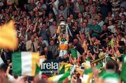16 August 1997; Offaly captain Finbarr Cullen lifts the Leinster Cup during the Leinster GAA Senior Football Championship Final match between Offaly and Meath at Croke Park in Dublin. Photo by Ray McManus/Sportsfile