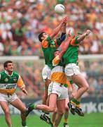 16 August 1997; Players, from left, Nigel Nestor of Meath, Ciarain McManus of Offaly, and Jimmy McGuinness of Meath during the Leinster GAA Senior Football Championship Final match between Offaly and Meath at Croke Park in Dublin. Photo by Ray McManus/Sportsfile
