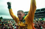 16 August 1997; Offaly goalkeeper Padraig Kelly celebrates following the Leinster GAA Senior Football Championship Final match between Offaly and Meath at Croke Park in Dublin. Photo by Ray McManus/Sportsfile