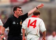 30 June 1996; Referee Pat McEneaney sends off Peter Canavan of Tyrone during the Ulster Senior Football Championship Semi-Final at St Tiernach's Park in Clones. Photo by David Maher/Sportsfile