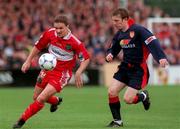 25 October 1998; Declan Daly of Cork City in action against Trevor Molloy of St Patrick's Athletic during the Harp Lager League Cup Semi-Final match between Cork City and St Patrick's Athletic at Turners Cross in Cork. Photo by David Maher/Sportsfile