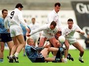 11 April 1999; Declan Darcy and Jim Gavin of Dublin compete for possession with Kildare players, from left, Martin Lynch, Glenn Ryan and Dermot Earley during the Church and General National Football League Quarter-Final match between Dublin and Kildare at Croke Park in Dublin. Photo by Ray McManus/Sportsfile