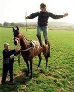 5 April 1999; Jockey Douglas Fisher with trainer Joe Fanning, left, at Fanning's stables in Roundwood, Wicklow. Photo by Gerry Barton/Sportsfile