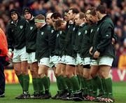 20 March 1999; The Ireland team, including from left, Paddy Johns, Jeremy Davidson, Paul Wallace and captain Keith Wood line up prior to the Five Nations Rugby Championship match between Scotland and Ireland in Murrayfield Stadium in Edinburgh, Scotland. Photo by Brendan Moran/Sportsfile