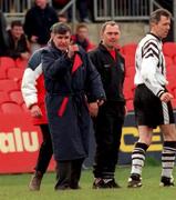 14 March 1999; Dundalk manager Jim McLoughlin points to referee John Stacy after he allowed Cork City's first goal during the Harp Lager National League Premier Division match between Cork City and Dundalk in Turners Cross in Cork. Photo by David Maher/Sportsfile