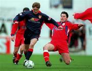 4 April 1999; Martin Reilly of St Patrick's Athletic in action against Dean Fitzgerald of Shelbourne during the Harp Lager National League Premier Division match between Shelbourne and St Patrick's Athletic at Tolka Park in Dublin. Photo by Brendan Moran/Sportsfile