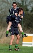 23 March 1999; Niall Quinn carries Robbie Keane during Republic of Ireland Squad Training at the AUL Grounds in Clonshaugh, Dublin. Photo by Matt Browne/Sportsfile
