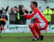 14 March 1999; Pat Morley of Cork City celebrates his side's first goal, an own goal scored by Padraig Gollogley of Dundalk, during the Harp Lager National League Premier Division match between Cork City and Dundalk in Turners Cross in Cork. Photo by David Maher/Sportsfile